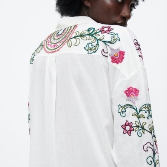 ZARA long sleeves button down embroidered long shirt dress Med  NEW - Picture 11 of 13